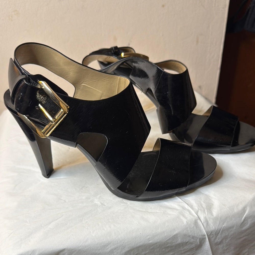 Michael Kors Black Strappy Heels with Gold Buckle